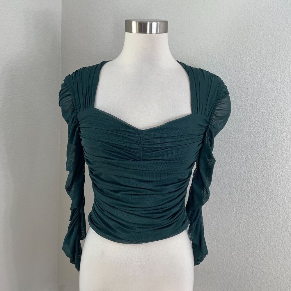 Express Womens Samll Body Contour Emerald Green Ruched Long Sleeve Crop Top